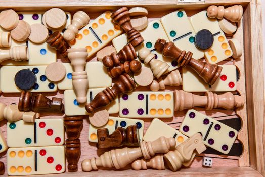 A variety of board game pieces. A background miscellaneous board game pieces.