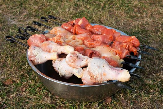 Raw pork skewers and chicken thighs, cut into pieces. meat on grill skewers. outdoor cooking on a picnic trip.