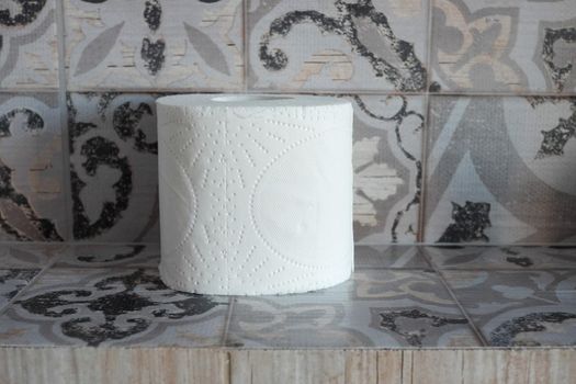 Roll of toilet paper on a shelf in a beautiful bathroom interior.