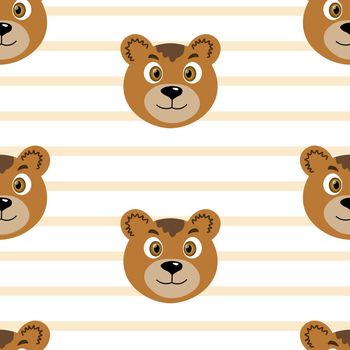 Vector flat animals colorful illustration for kids. Seamless pattern with cute bear face on white striped background. Adorable cartoon character. Design for card, poster, fabric, textile.