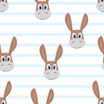 Vector flat animals colorful illustration for kids. Seamless pattern with cute donkey face on white striped background. Cartoon adorable character. Design for textures, card, poster, fabric,textile.