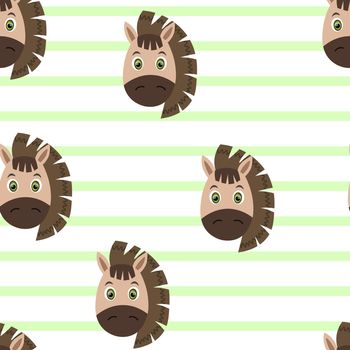 Vector flat animals colorful illustration for kids. Seamless pattern with cute horse face on white striped background. Adorable cartoon character. Design for textures, card, poster, fabric, textile.