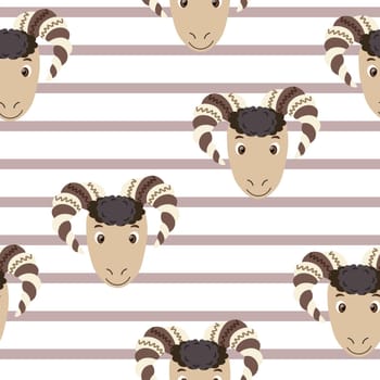 Vector flat animals colorful illustration for kids. Seamless pattern with ram face on white striped background. Cute sheep. Adorable cartoon character. Design for textures, card, fabric, textile.