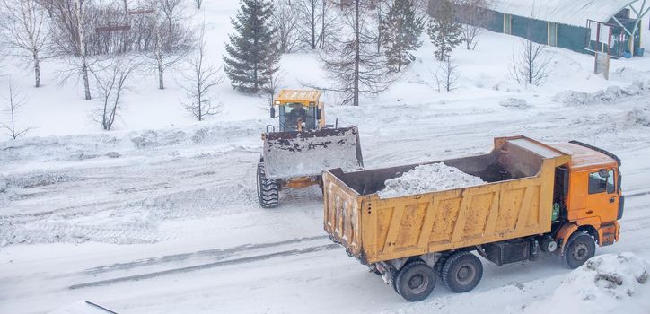 Big yellow tractor cleans up snow from the road and loads it into the truck. Cleaning and cleaning of roads in the city from snow in winter