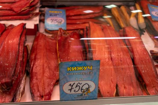 Petropavlovsk-Kamchatsky, Russia-October 6, 2019: Red fish in the seafood market showcase.