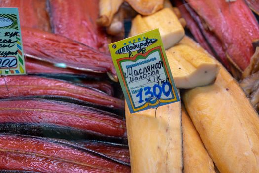 Petropavlovsk-Kamchatsky, Russia-October 6, 2019: Red fish in the seafood market showcase.