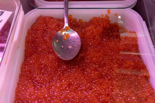 Petropavlovsk-Kamchatsky, Russia. red caviar on display at the seafood market.