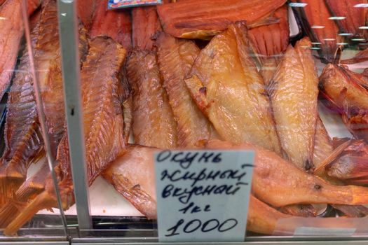Petropavlovsk-Kamchatsky, Russia-October 6, 2019: Red fish in the seafood market showcase.