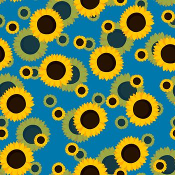 Summer colorful seamless pattern with orange sunflowers on blue background. Cartoon style. Design for fabric, textile, posters, card, paper. Beauty flowers. Vector illustration.