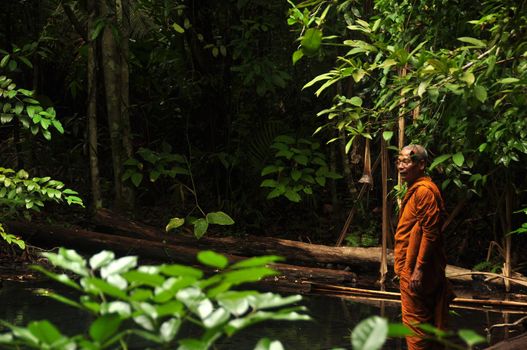 KRABI, THAILAND - 12th MAY, 2014: Ethnic monk man in wild tropical woods, Side view of ethnic Asian man in orange robe standing alone in peaceful green tropical jungle forest