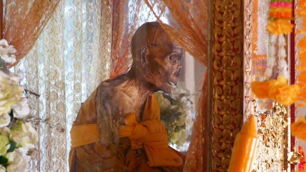 KOH SAMUI ISLAND, THAILAND - 17 JULY 2019: Wat Khiri Wongkaram Buddhist Temple. The mummified body of monk and gold leaf. Exotic tradition of storing the relics of saints who died during meditation