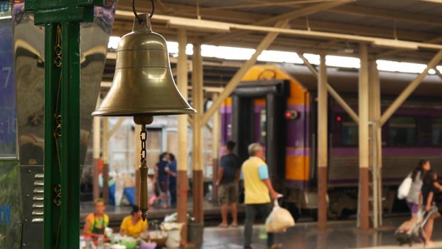 BANGKOK, THAILAND, 11 JULY 2019 Hua Lamphong main railroad station of state railway transport infrastructure, SRT. historical retro golden bell hanging. Brass vintage old-fashioned traditional signal