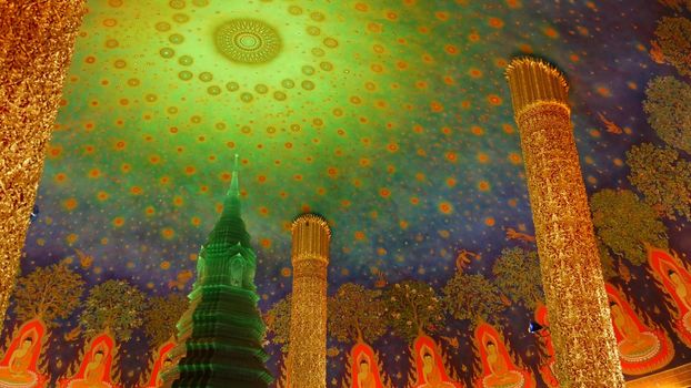 BANGKOK, THAILAND - 13 JULY, 2019: Wat Pak Nam or Paknam traditional oriental buddhist temple interior. Emerald glass stupa under vivid colorful ceiling, circular dome roof colored with acid colors.