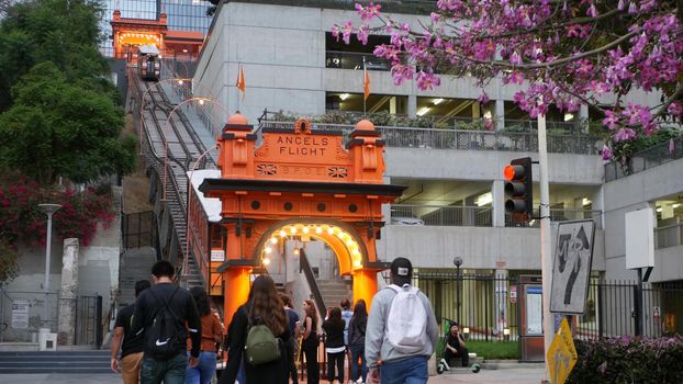 LOS ANGELES, CALIFORNIA, USA - 27 OCT 2019: Angels Flight retro funicular railway cabin. Vintage cable car station. Old-fashioned public passenger transport in Hollywood. Historic tourist landmark.