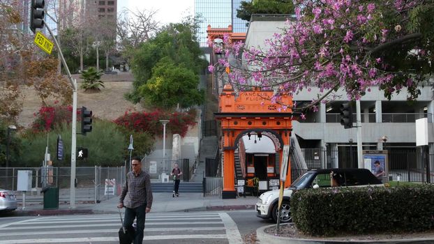 LOS ANGELES, CALIFORNIA, USA - 30 OCT 2019: Angels Flight retro funicular railway cabin. Vintage cable car station. Old-fashioned public passenger transport in Hollywood. Historic tourist landmark.