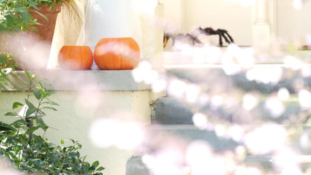 LOS ANGELES, CALIFORNIA, USA - 29 OCT 2019: Scary festival decorations of a house, Happy Halloween holiday. Doorway stairs with jack-o-lantern pumpkin. Traditional party decor. American culture.