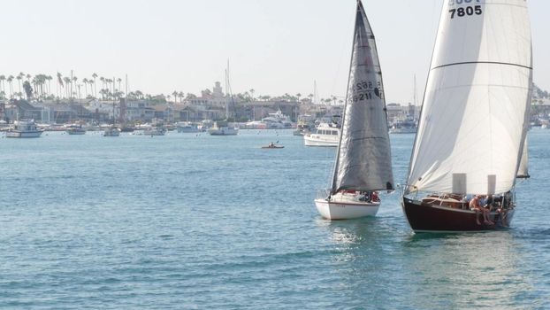 NEWPORT BEACH, CALIFORNIA, USA - 03 NOV 2019: Marina resort with yachts and sailboats, Pacific coast near Los Angeles. Regatta of nautical vessels, sail boat in harbor. Luxury suburb in Orange County.