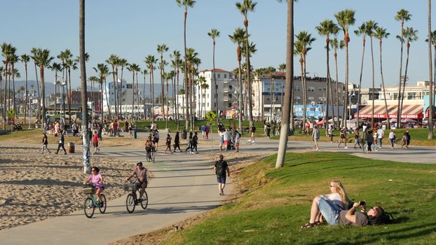 LOS ANGELES CA USA - 16 NOV 2019: California summertime ocean Venice beach aesthetic, many people walking and ride cycles, bicycle path among palm trees. Pedestrians on promenade in sunny park.