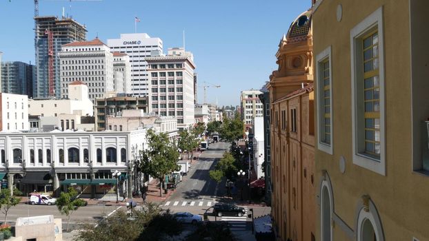 SAN DIEGO, CALIFORNIA USA - 13 FEB 2020: Metropolis urban skyline of downtown. From above aerial view from Horton Plaza, various highrise buildings in Gaslamp Quarter. Overlook the financial district.