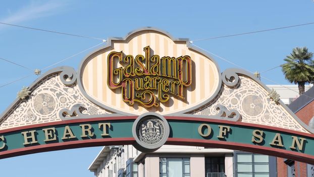 SAN DIEGO, CALIFORNIA USA - 13 FEB 2020: Gaslamp Quarter historic entrance arch sign. Retro signboard on 5th ave. Iconic vintage signage, old-fashioned tourist landmark, city symbol and sightseeing.