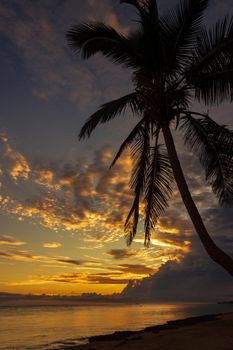 Colorful sunrise on the Tambua Sands Beach on Fiji Island, Fiji.