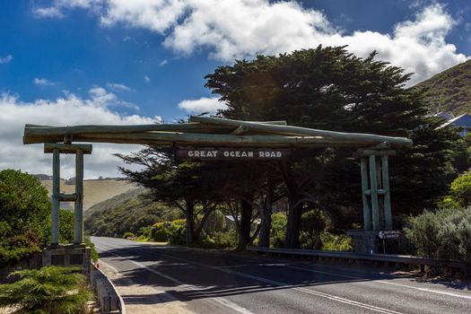 Wooden gate and street sign of the Great Ocean Road near Lorne, Victoria, Australia