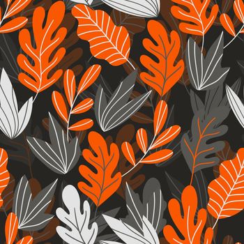 Floral seamless pattern with colorful exotic leaves on dark background. Tropic green branches. Fashion vector stock illustration for wallpaper, posters, card, fabric, textile.