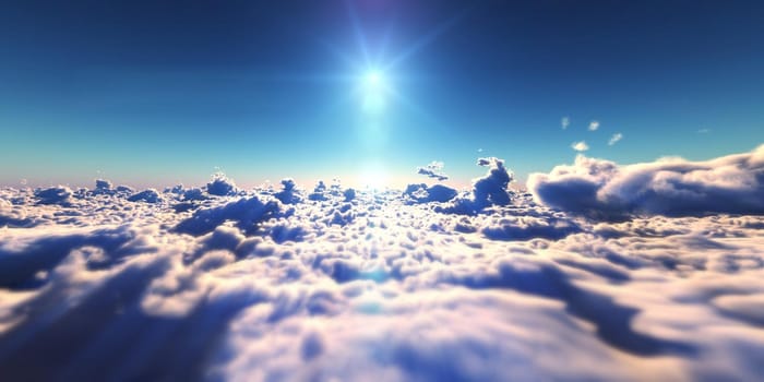 fly above clouds sunset landscape, 3d render illustration