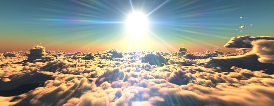 above clouds fly sunset sun ray illustration, 3d render