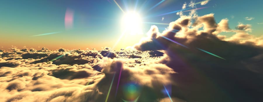 above clouds fly sunset sun ray illustration, 3d render