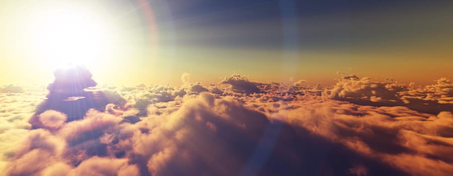 above clouds fly sunset sun ray illustration, 3d render