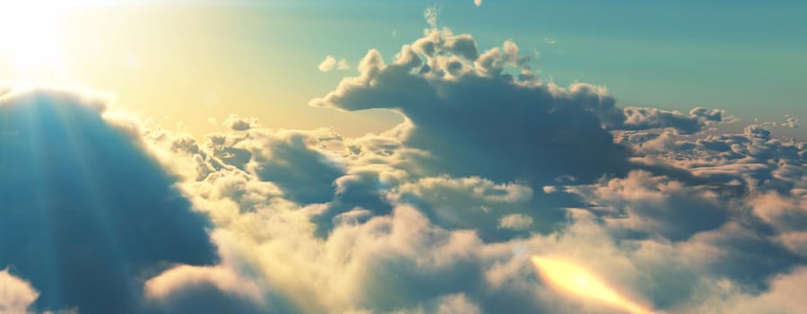 above clouds fly sunset sun ray illustration, 3d render