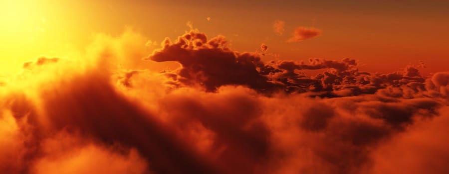 above clouds fly sunset sun ray illustration, 3d render