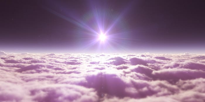 dream fly above clouds ray light, 3d rendering illustration