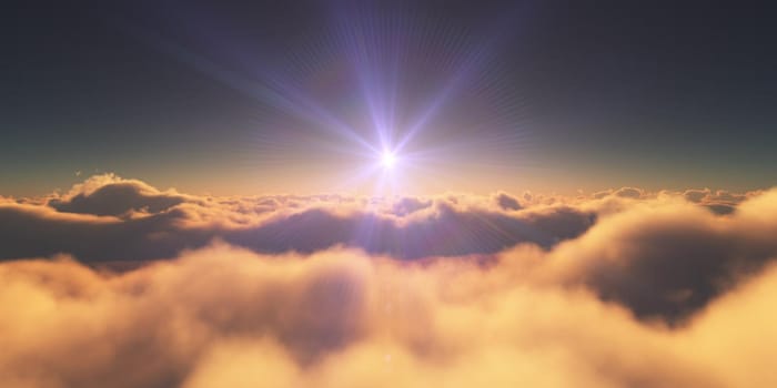 above clouds sunrise sun ray illustration, 3d rendering