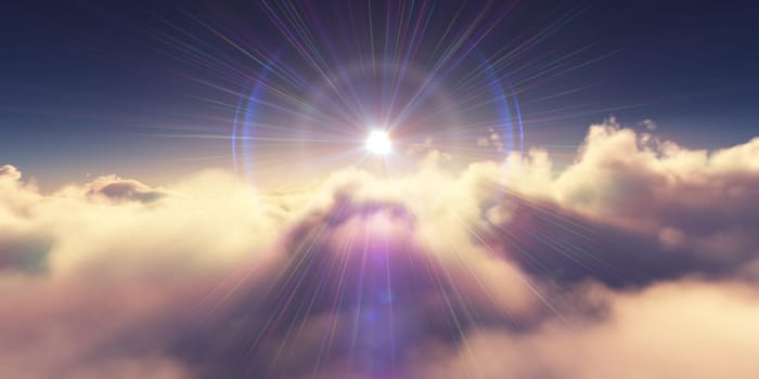 above clouds sunrise sun ray illustration, 3d rendering