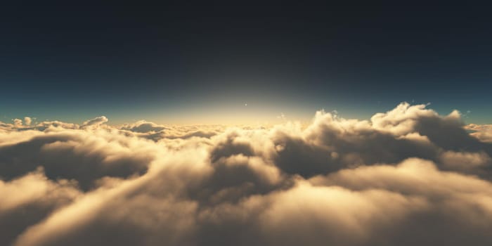 above clouds sunrise sun ray illustration, 3d rendering