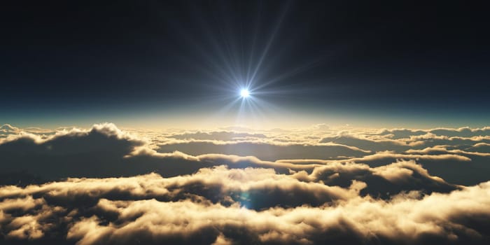 above clouds sunrise sun ray illustration, 3d rendering