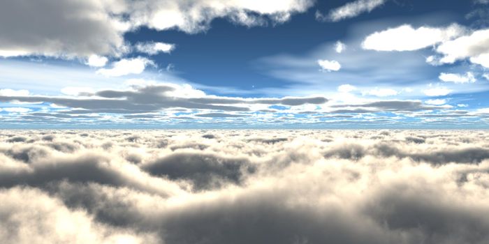 above clouds fly sunset sun ray illustration, 3d render