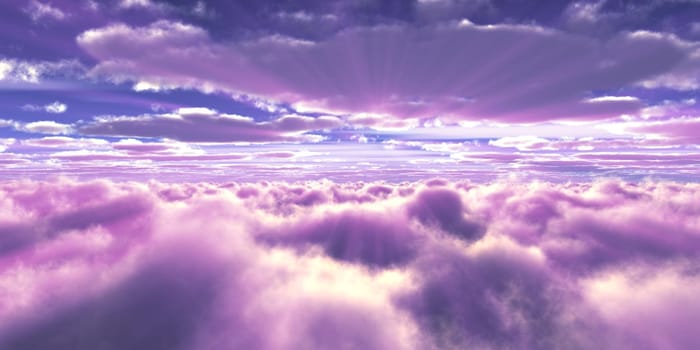 above clouds fly sunset sun ray illustration, 3d render