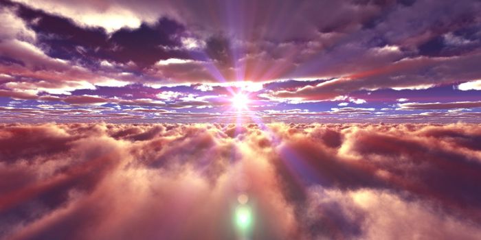 above clouds fly sunset sun ray illustration, 3d render