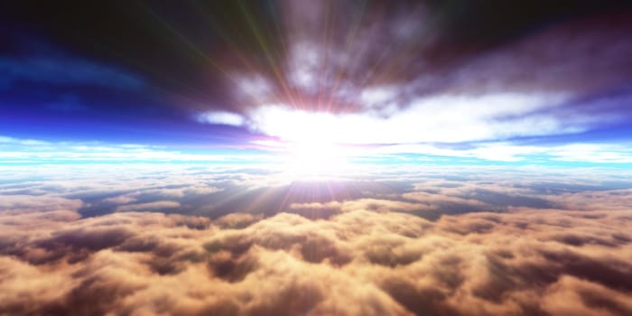 above clouds fly sunset sun ray illustration, 3d render