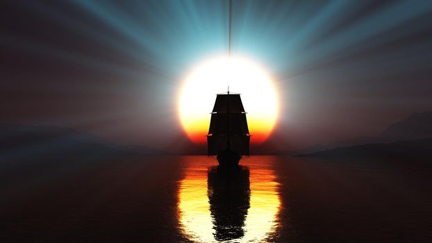 old ship at sea sunset, 3d render illustration