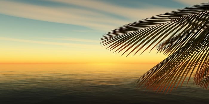 sunset sea palm landscape illustration, 3d render