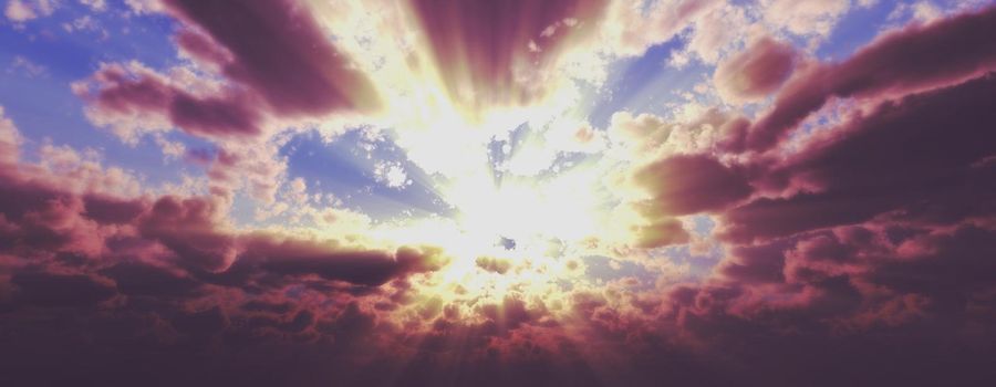 Sunset / sunrise with clouds, light rays and other atmospheric effect, 3d illustration