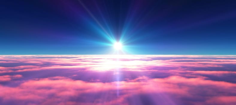 above clouds fly sunset sun ray illustration, 3d render