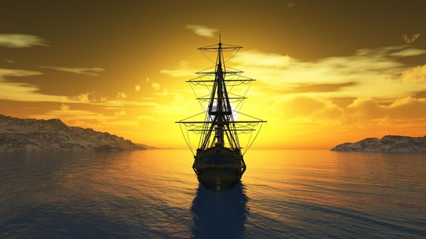 old ship sunset at sea illustration 3d rendering