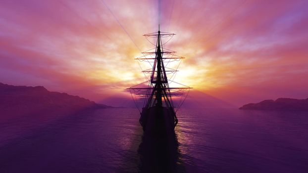 old ship sunset at sea illustration 3d rendering