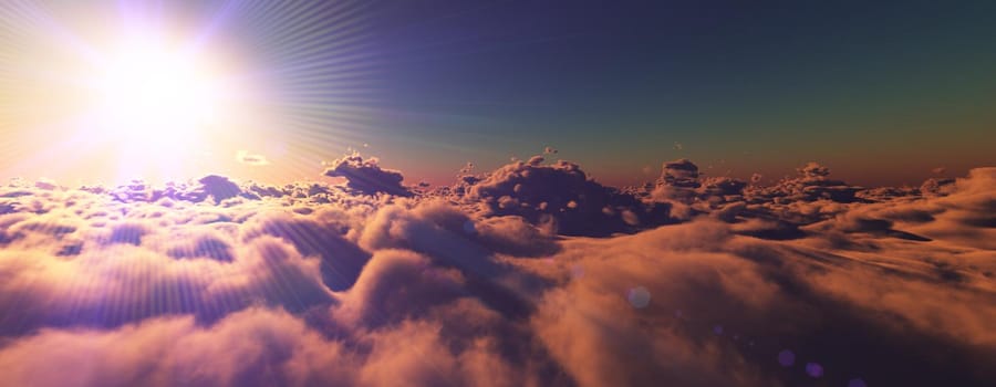 above clouds fly sunset sun ray illustration, 3d render