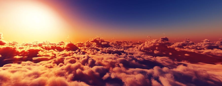 above clouds fly sunset sun ray illustration, 3d render